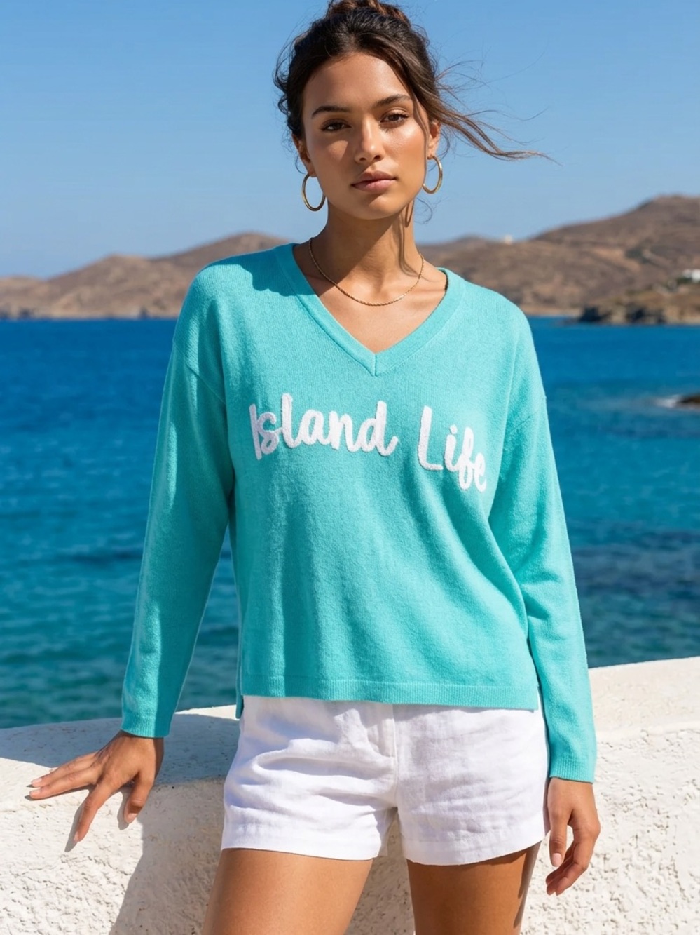 Pearls & Camo Island Life Turquoise Sweater Size Medium